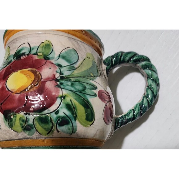 Miriam Italy Handpainted Ceramic Mug Floral Green Red Orange Braided Handle - Picture 11 of 12